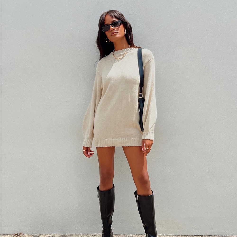 Princess Polly Harmony Balloon Sleeve Knit Mini Dress Beige